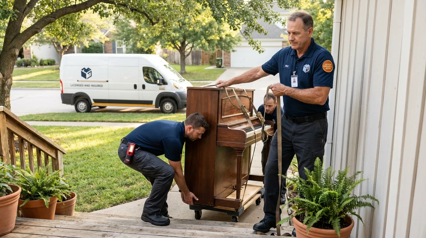Licensed piano movers securing grand piano in Westernport, MD