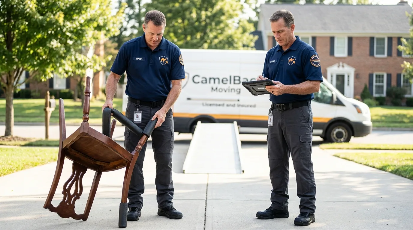 Movers inspecting furniture for damage prevention before loading in Westernport, MD